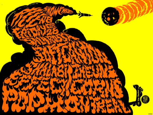 poster by seripop featuring a missile launched to destroy an approaching asteroid. the clouds spell out the pop montreal festival 2003 lineup